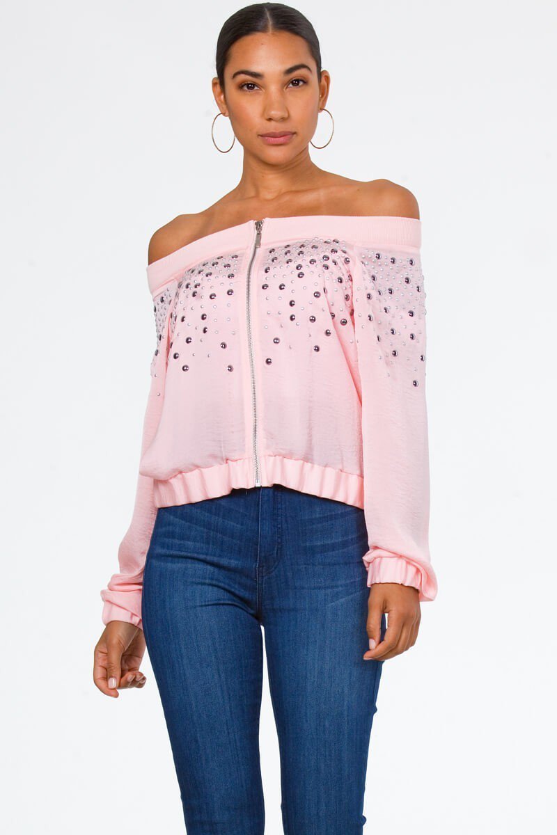 Faux Silk Studded Bomber Jacket