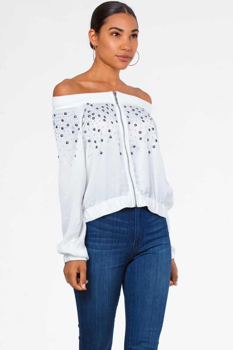 Faux Silk Studded Bomber Jacket